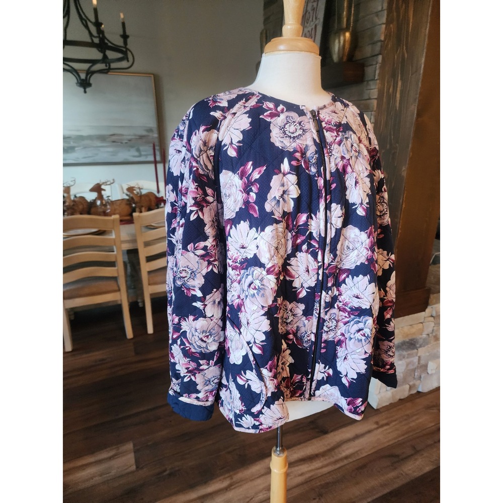 Nurture by Westbound Woman Floral Quilted‎ Zip Jacket 2X PLUS Navy Pink
